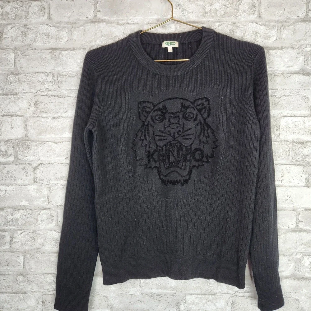 Kenzo Sweater Tiger Head Ribbed Knit 100% Wool Designer Black L